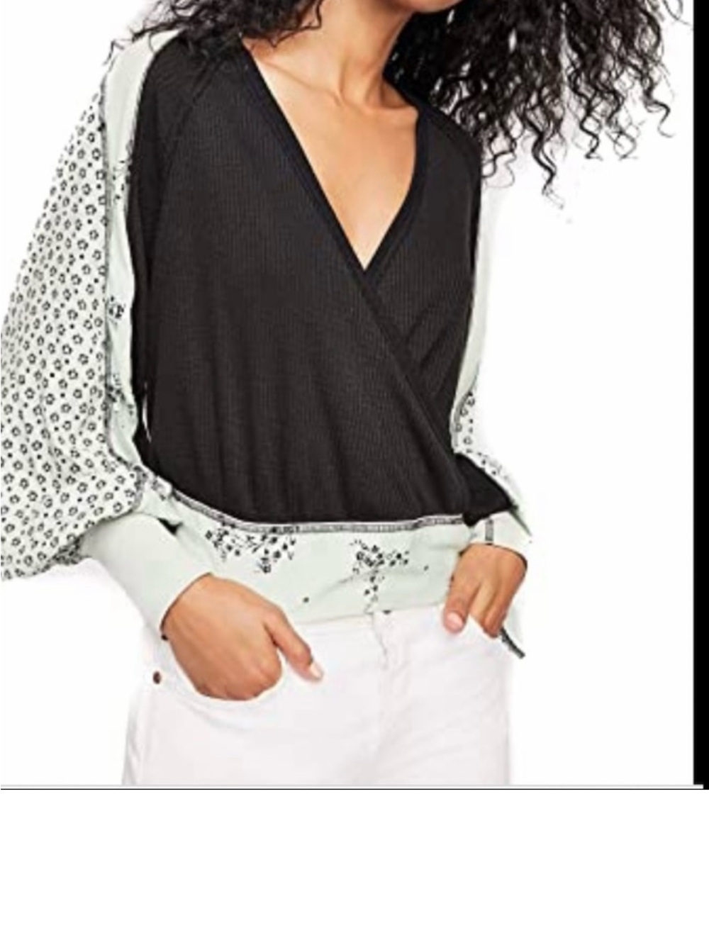 Free People Black & Light Mint Teal Floral Wrap-Style Women's Top